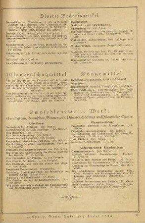 Diverse Bedarfsartikel ; Pflanzenschutzmittel ; Düngemittel ; Empfehlenswerte Werke