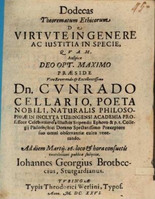 Dodecas theorematum ethicorum de virtute in genere, ac iustitia in specie