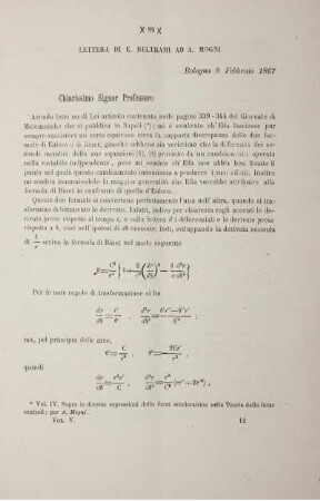 Lettera di E. Beltrami ad A. Mogni.