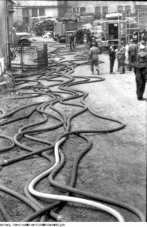 Dresden. Feuerwehr, gemeinsame Brandbekämpfung im Lockwitztal, 1. Juli 1964