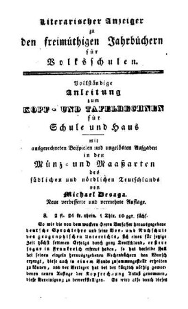 Literarischer Anzeiger zu den freimüthigen Jahrbüchern für Volksschulen
