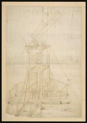 Kolorierte Zeichnung der Holzkonstruktion einer Windmühle