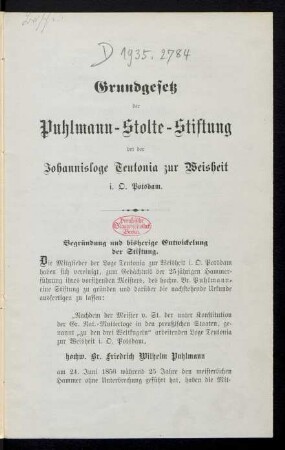 Grundgesetz der Puhlmann-Stolte-Stiftung bei der Johannisloge Teutonia zur Weisheit i.O. Potsdam