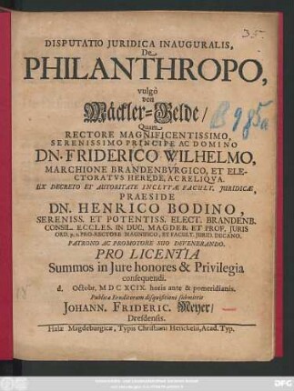 Disputatio Iuridica Inauguralis, De Philanthropo, vulgo von Mäckler-Gelde