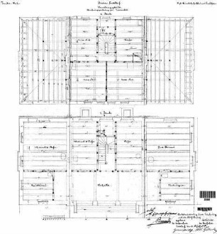 Satteldorf: Empfangsgebäude Verwaltungsgebäude Grundrisse 1.+2.Stock (mit Gebälk)