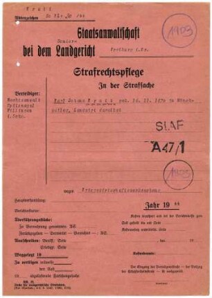 Angeklagter: Kratt, Karl Johann (Landwirt); Mönchweiler *16.11.1870 in Mönchweiler; + ? Delikt: Verbrechen gegen die Kriegswirtschaftsverordnung Tatort: Mönchweiler Tatzeit: September 1939-November 1943