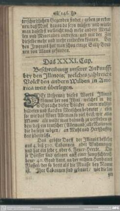 Das XXXI. Cap. Beschreibung unserer Ankunfft bey den Illinois; welches zahlreiche Volck den andern Wilden in America weit überlegen