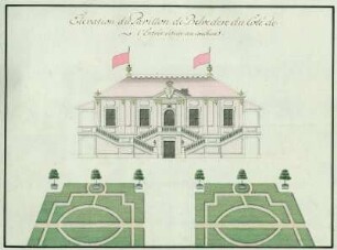 Elevation du Pavillon de Belvedere du Coté de l'Entrée située au couchant Bl. [6] aus: Plans des differents exercises et mouvements militaires executez par les trouppes Allemandes de Sa Majeste le Roi de Pologne Electeur de Saxe au Camp de Belvedere pres de Varsovie depuis le 1. jusqu' au 8. du mois d'Aoust l'an 1732. Dresden: SLUB Mscr.Dresd.App.3159