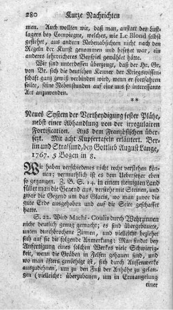 Neues System der Vertheidigung fester Plätze, nebst einer Abhandlung von der irregulären Fortifikation.