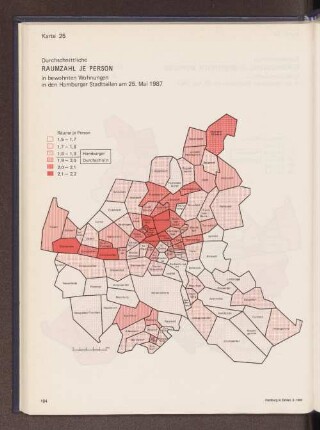 Durchschnittliche Raumzahl je Personen in bewohnten Wohnungen in den Hamburger Stadtteilen am 25. Mai 1987