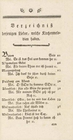 Verzeichniss derjenigen Lieder, welche Kirchenmelodien haben