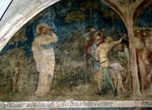 Wandmalerei im 2. Joch von Westen. — Feld 16: Linke Wandhälfte. Oben: Steinigung Christi.