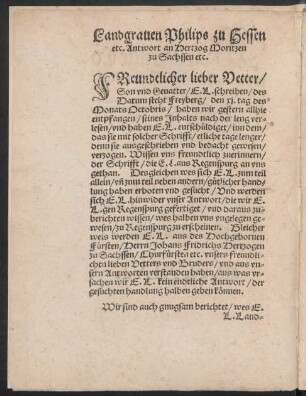 Landgraven Philips zu Hessen etc. Antwort an Hertzog Moritzen zu Sachssen etc.