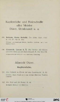 Kupferstiche und Holzschnitte alter Meister Dürer, Rembrandt (Nr. 189-209)