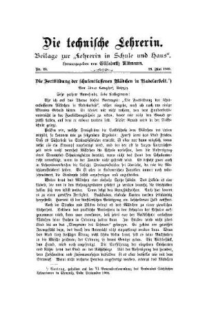 Die Fortbildung der schulentlassenen Mädchen in Nadelarbeit