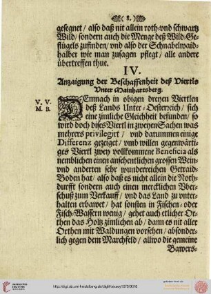 IV. Anzaigung der Beschaffenheit deß Viertls Unter Mainhartsberg