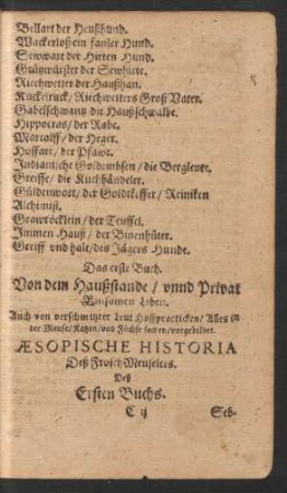 Aesopische Historia Deß Frosch Meuselers. Deß Ersten Buchs.