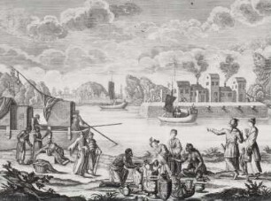 Die Porcellanmacher bringen ihr Geschirr von Porcellan auf den Marckt, so sie allda verkauffen : Wolff, Jeremias (Hersteller), Drenwett, Abraham II (Zeichner): Die Porcellanmacher bringen ihr Geschirr von Porcellan auf den Marckt, so sie allda verkauffen. Kupferstich; 365 x 462 mm. um 1700. Dresden: Kupferstich-Kabinett A 23221 in A 411,2