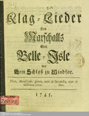 Klag-Lieder Des Marschalls Von Belles-Isle Auf dem Schloß zu Windsor