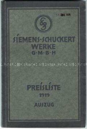 Preisliste über elektrische und mechanische Maschinen und Geräte