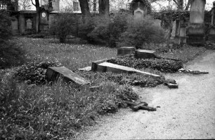 Freiburg: Alter Friedhof; Grabsschändung, umgeworfene Grabkreuze