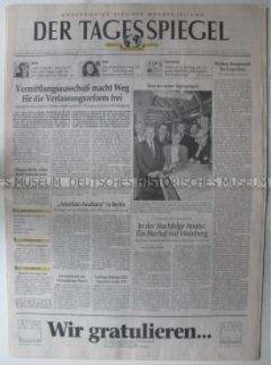 Fragment der Berliner Zeitung "Der Tagesspiegel" u.a. zur Reform des Grundgesetzes sowie zur Gedenkfeier zum Zweiten Weltkrieg inm Danzig