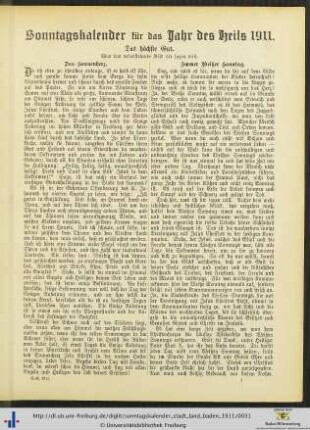 Sonntagskalender für das Jahr des Heils 1911.