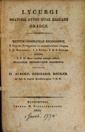Lycurgi oratoris Attici quae exstant graece