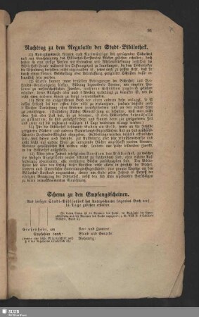 Nachtrag zum Regulativ der Stadt-Bibliothek