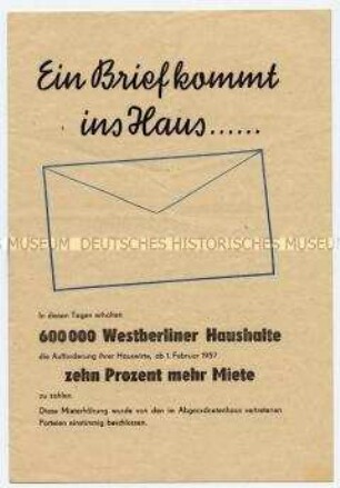 Propagandaschrift der SED Berlin mit Polemik gegen Mieterhöhungen in Berlin (West)
