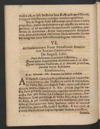 VI. Ad Declarationem Primae Propositionis, Dominorum Romano-Catholicorum,