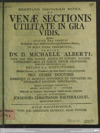 Dissertatio Inauguralis Medica, De Venae Sectionis Utilitate In Gravidis