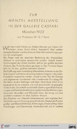 Zur Menzel-Ausstellung in der Galerie Caspari