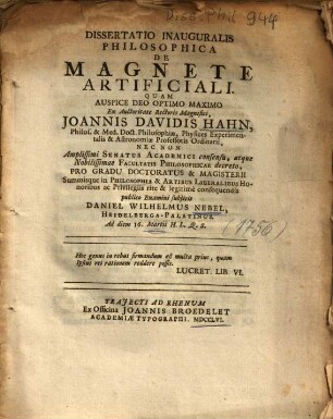 Dissertatio Inauguralis Philosophica De Magnete Artificiali