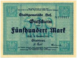 Geldschein / Notgeld, 500 Mark, 6.10.1922