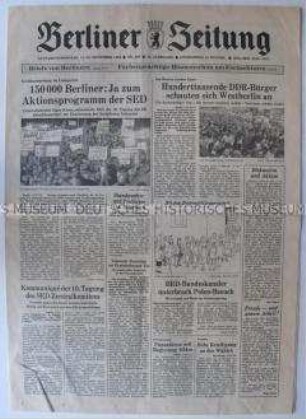 Tageszeitung "Berliner Zeitung" zum ersten Tag nach der "Maueröffnung" und zu einer Kundgebung von SED-Anhängern im Lustgarten