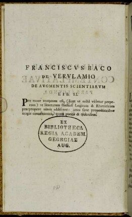 [Epigraph] Franciscus Baco De Verulamio De Augmentis Scientiarum Lib. II.