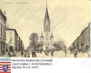 Darmstadt, Johanneskirche / Vorderansicht und Blick in die Wilhelm-Leuschner- und Liebigstraße