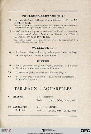 Tableaux – Aquarelles (Nr. 61-77)