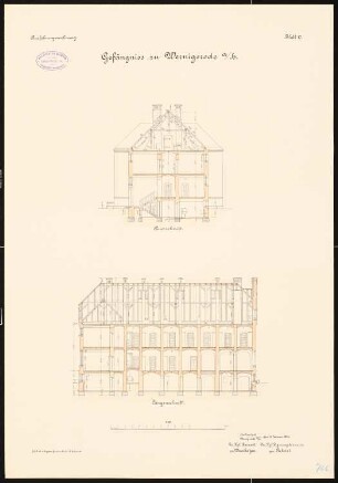 Amtsgericht und Gefängnis, Wernigerode: Gefängnis: Längsschnitt, Querschnitt 1:100