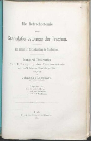 Die Retracheotomie wegen Granulationsstenose der Trachea : ein Beitrag zur Nachbehandlung der Tracheotomie