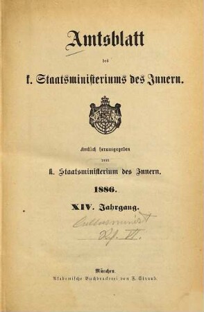 Amtsblatt des Königlichen Staatsministeriums des Innern. 14. 1886