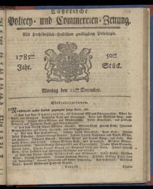 50tes Stueck, Montag den 12ten December. 1785