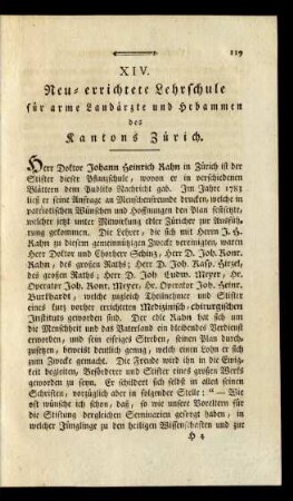 XIV. Neu-errichtet Lehrschule für arme Landärzte und Hebammen des Kantons Zürich