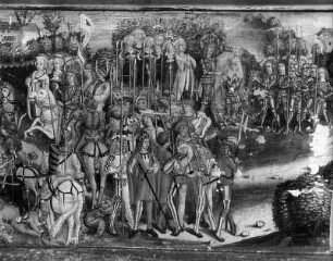 Predella mit "Der heilige Oswald, König von Northumbrien, landet in Wessex" : Flügelaltar mit Standflügel. Predella mit "Der heilige Oswald, König von Northumbrien, landet in Wessex". Detail. Holz, gefasst (1493). Amering (Steiermark), Filialkirche Sankt Katharina