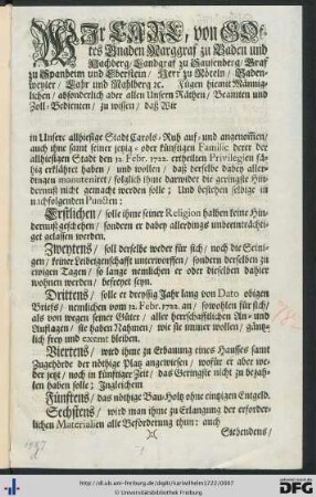 Wir Carl, von Gottes Gnaden Marggraf zu Baden ...