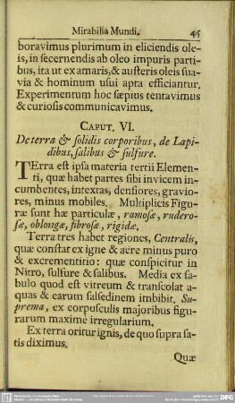 Caput. VI. De terra & solidis corporibus, de Lapidibus, salibus & sulfure