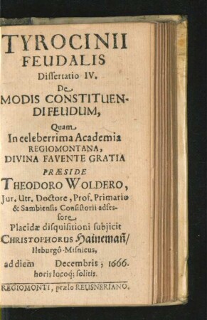 Dissertatio IV. De Modis Constituendi Feudum. Christophorus Haineman.