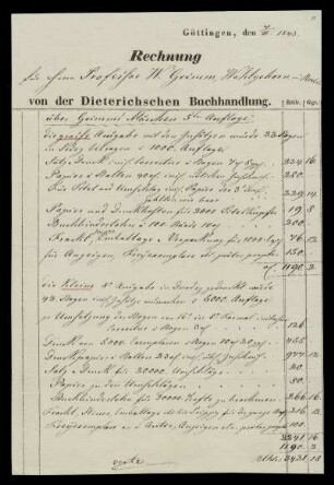 Brief von Dieterichschen Buchhandlung, Göttingen an Wilhelm Grimm