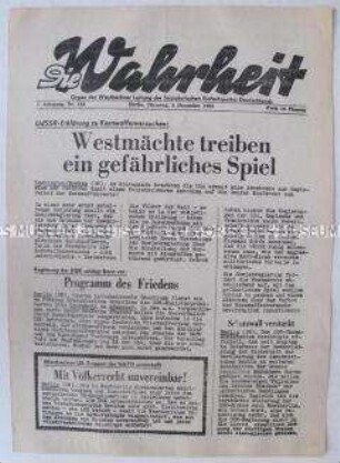 Hektografiertes Mitteilungsblatt der SED Westberlin (SEW) u.a. über einen Kernwaffentest der USA und über ein Schreiben von DDR-Ministerpräsident Stoph an Adenauer